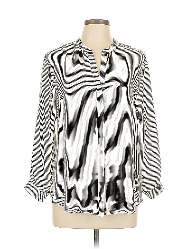 Pre-owned Joie Long Sleeve Silk Top Gray Stripes Pattern Keyhole Neckline Tops