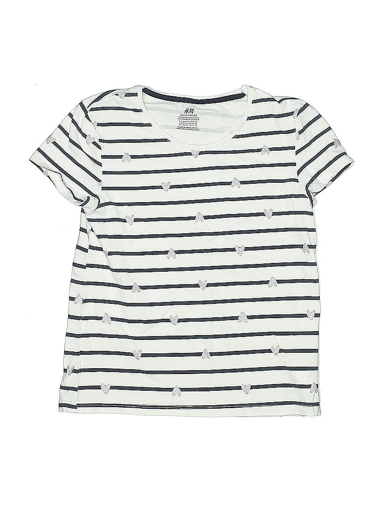 Pre-owned H&m Kids' Short Sleeve Top Ivory Stripes Pattern Crew Neck Tops In White