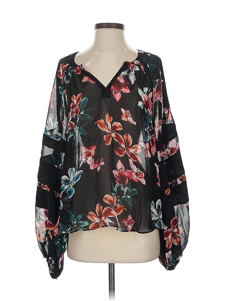 Pre-owned 7 For All Mankind Long Sleeve Silk Top Black Plunge Neckline Tops