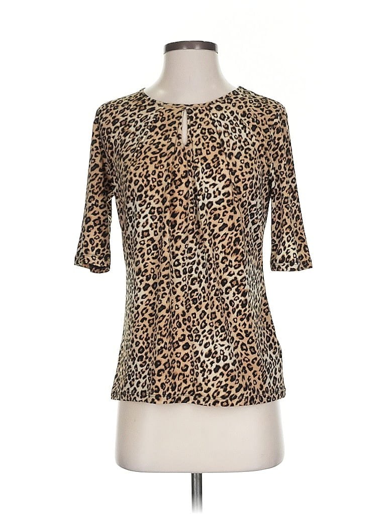 Pre-owned Premise Short Sleeve Top Gold Animal Print Pattern Keyhole Neckline Tops