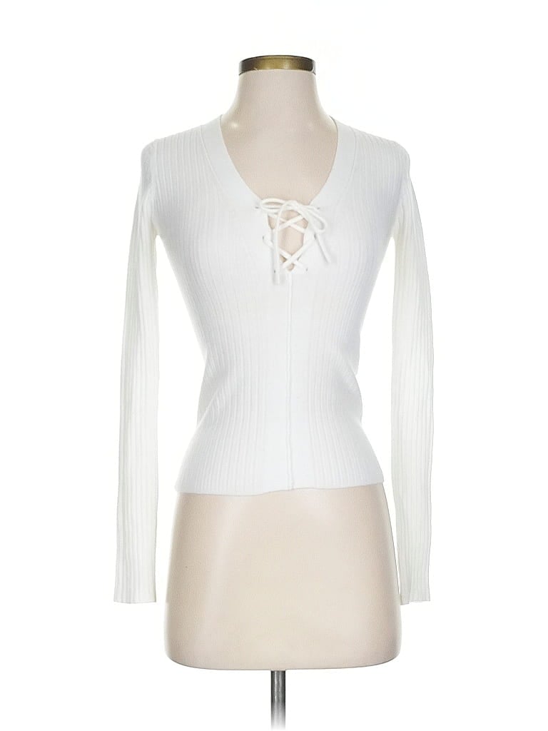 Pre-owned Asos Design Long Sleeve Top Ivory Plunge Neckline Tops In White