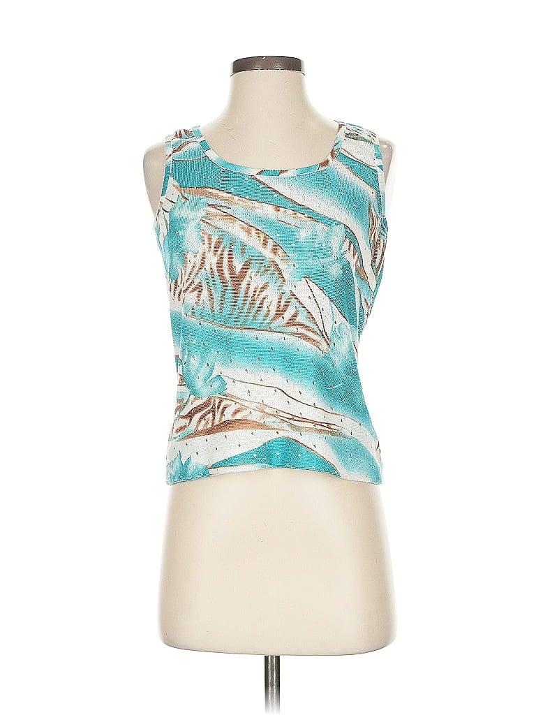 Pre-owned St John Tank Top Teal Tropical Pattern Halter Neckline Tops In Blue