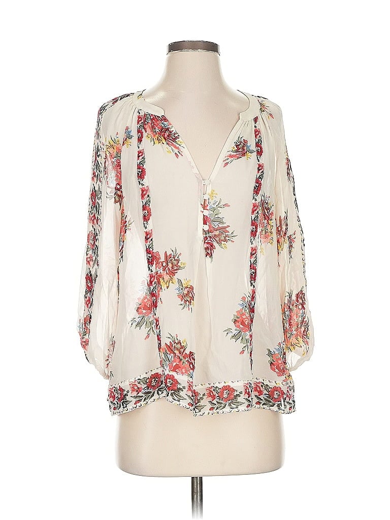 Pre-owned Joie 3/4 Sleeve Silk Top Ivory Plunge Neckline Tops In White