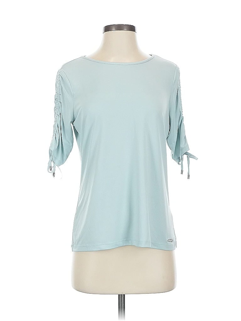 Pre-owned Calvin Klein Short Sleeve Top Teal Cold Shoulder Neckline Tops In Blue