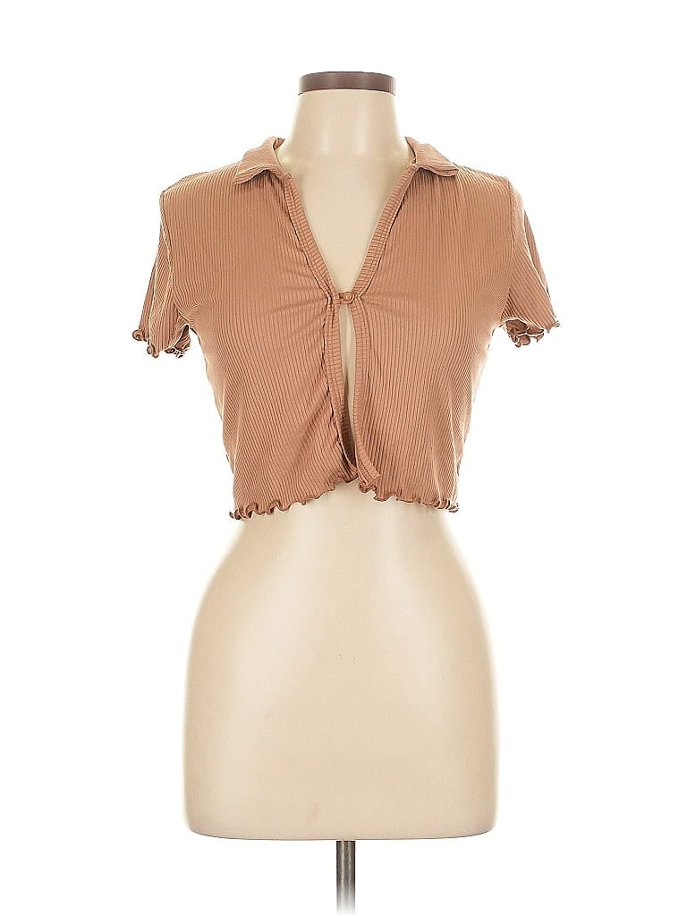 Pre-owned Fashion Nova Short Sleeve Top Tan Keyhole Neckline Tops In Brown