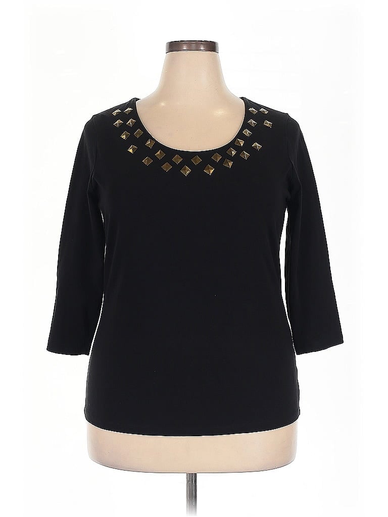 Pre-owned Jones New York Signature 3/4 Sleeve Top Black Keyhole Neckline Tops