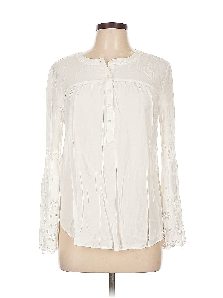 Pre-owned H By Halston Long Sleeve Blouse In White