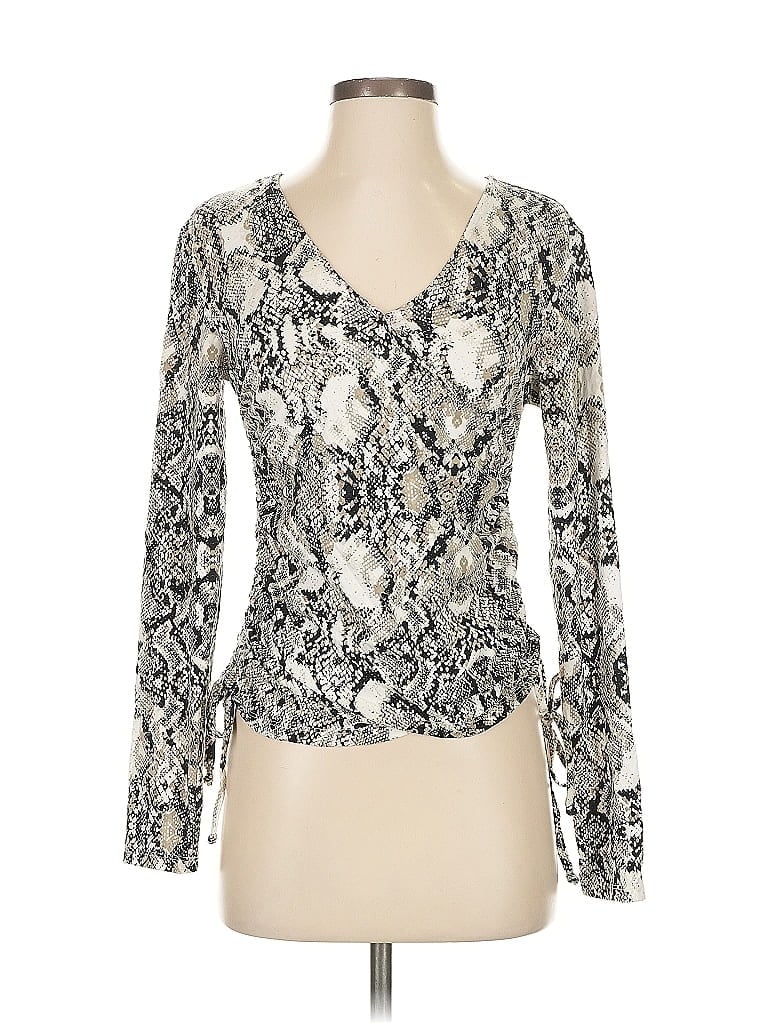 Pre-owned Inc International Concepts Long Sleeve Top Silver Plunge Neckline Tops