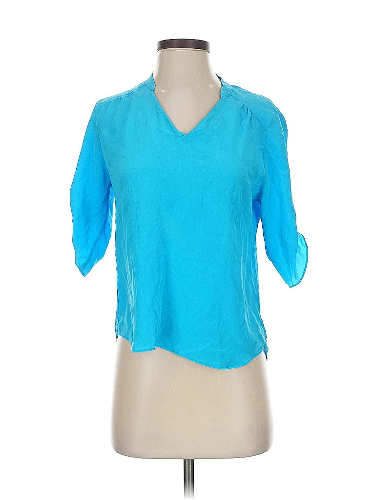 Pre-owned Amanda Uprichard 3/4 Sleeve Silk Top Blue Open Neckline Tops