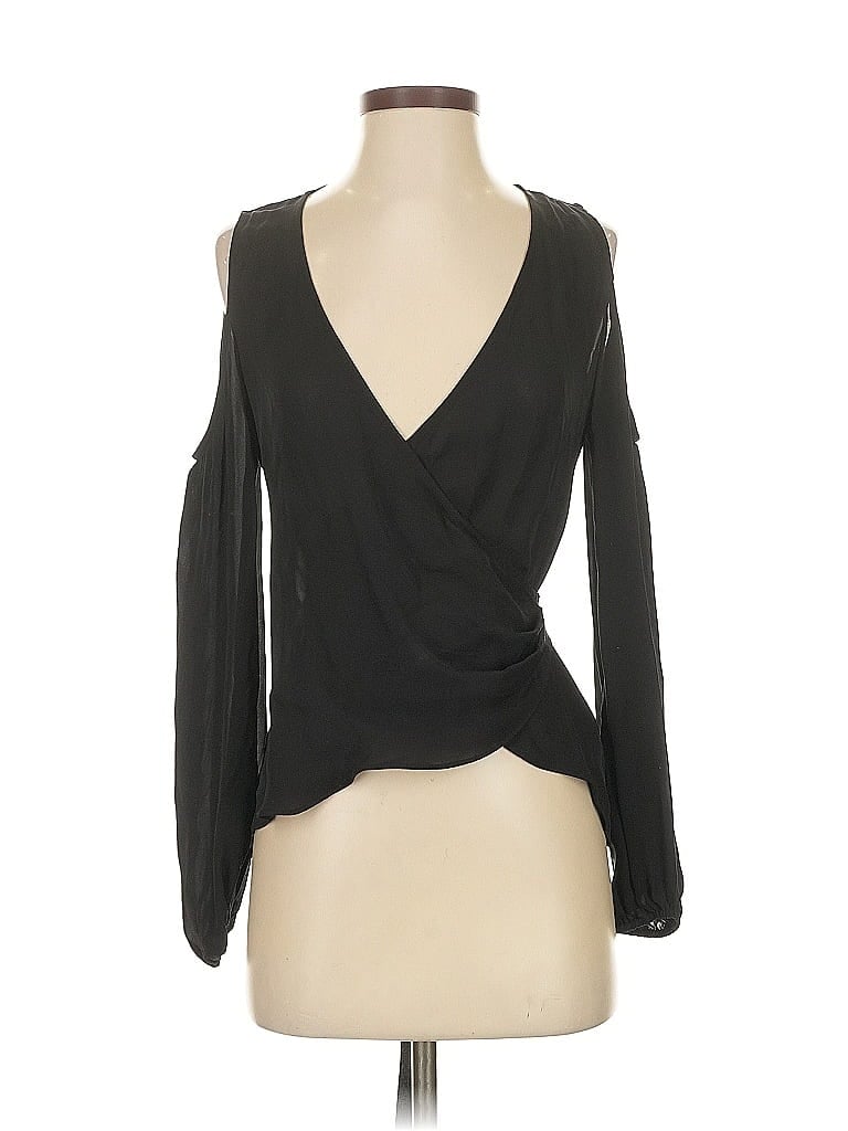 Pre-owned Nicole Miller Long Sleeve Silk Top Black Plunge Neckline Tops
