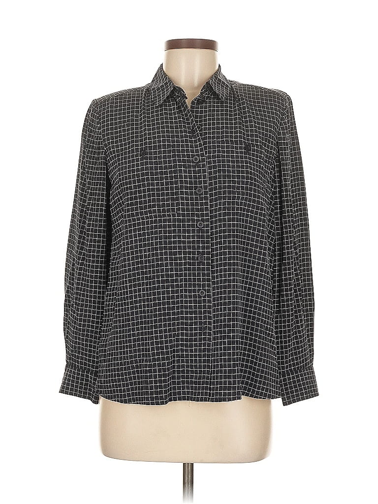 DUE PER DUE Pre-owned Long Sleeve Silk Top Gray Houndstooth Pattern Mock Neckline Tops