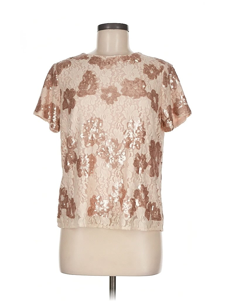 Pre-owned Neiman Marcus Short Sleeve Top Tan Floral Pattern Crew Neck Tops In Brown