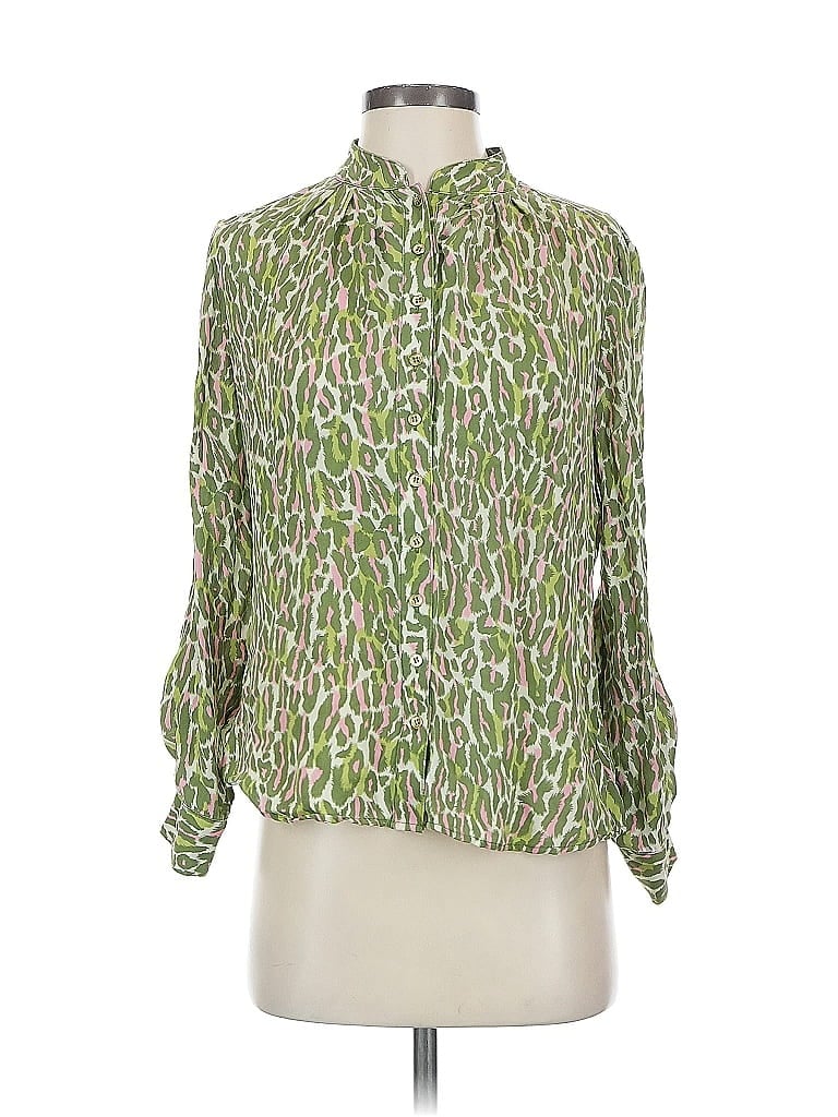 Pre-owned Etcetera 3/4 Sleeve Silk Top Green Animal Print Pattern Mock Neckline Tops