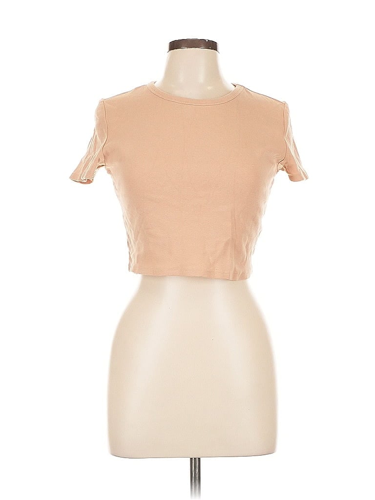 Pre-owned Zara Short Sleeve Top Tan Keyhole Neckline Tops In Brown