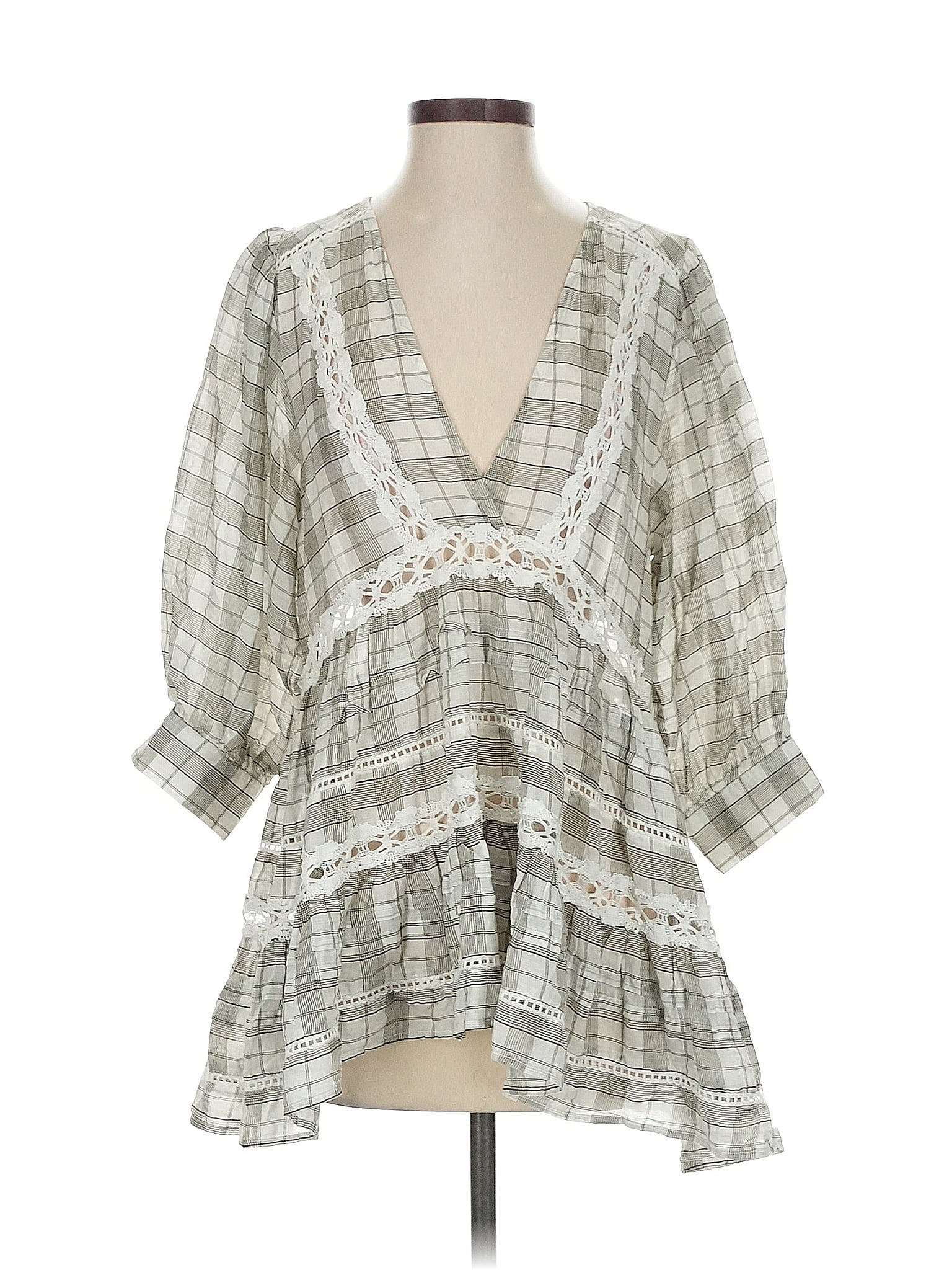 Free People 100% Cotton Gray Ivory 3/4 Sleeve Blouse Size XS