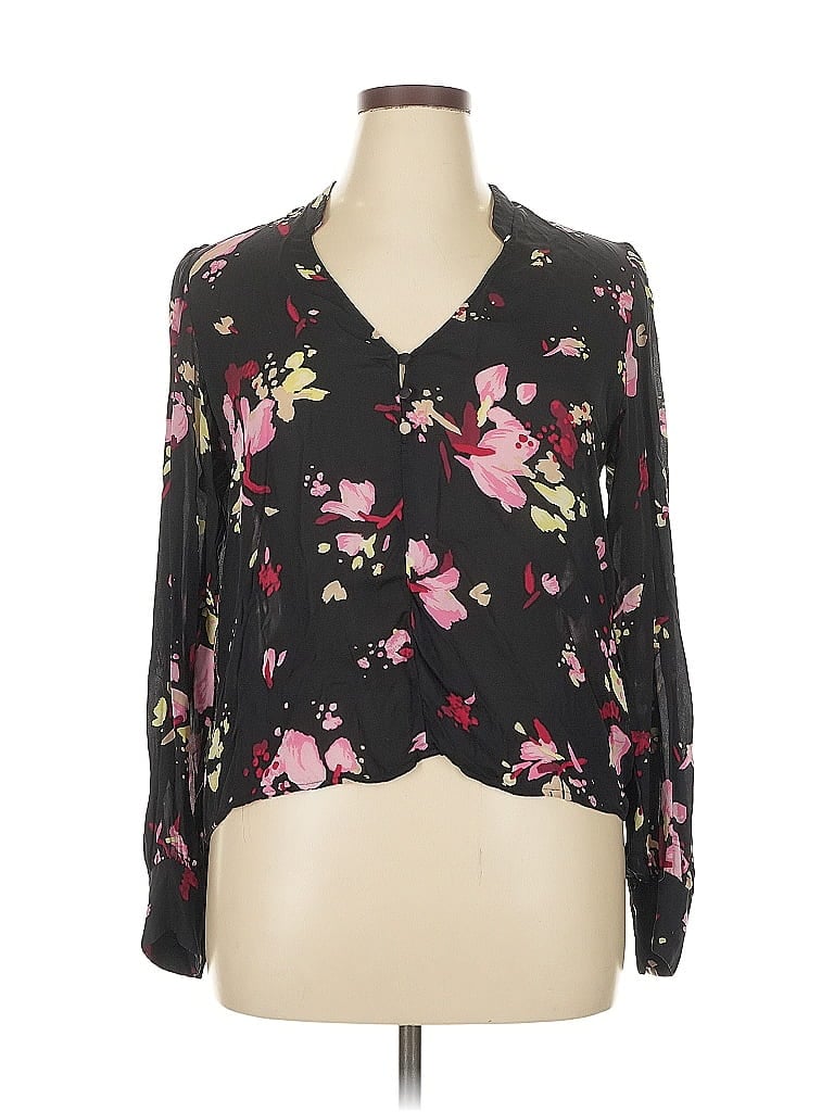A.L.C. 100% Silk Floral Black Long Sleeve Silk Top Size 14 - photo 1