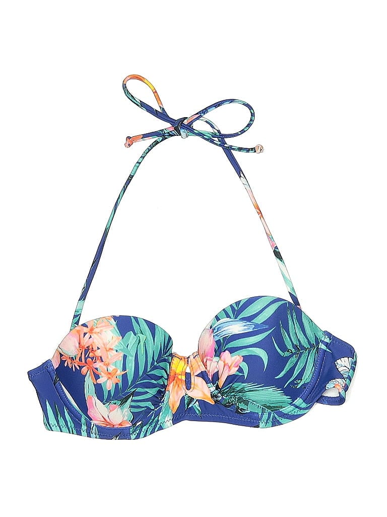 Pre-owned Fashion Nova Swimsuit Top Blue Tropical Pattern Swimwear