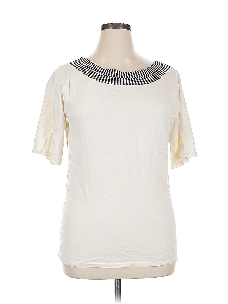 Pre-owned Preston & York Short Sleeve Silk Top Ivory Collared Neckline Tops In White