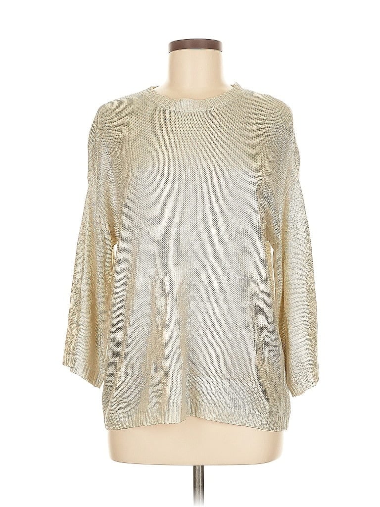 CATHERINE CATHERINE MALANDRINO Pre-owned 3/4 Sleeve Top Silver Metallic Pattern Boatneck Tops