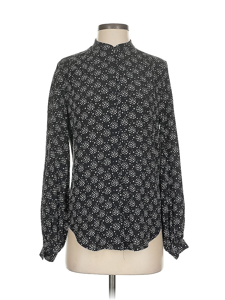Click to view more detailed imagery on our partner's website Pre-owned Equipment Long Sleeve Silk Top Black Print Pattern Mock Neckline Tops