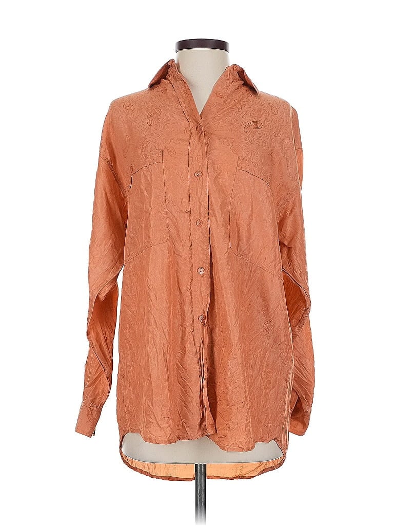 Pre-owned Capezio Long Sleeve Silk Top Orange Collared Neckline Tops
