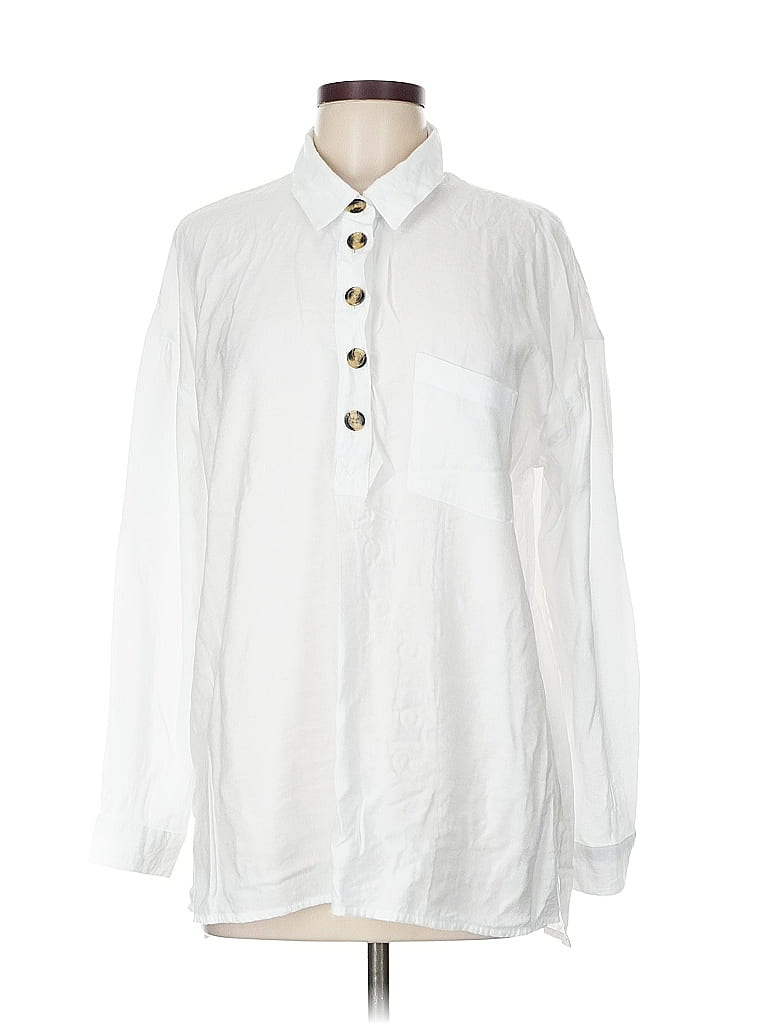 Pre-owned Time And Tru Long Sleeve Button Down Shirt In White