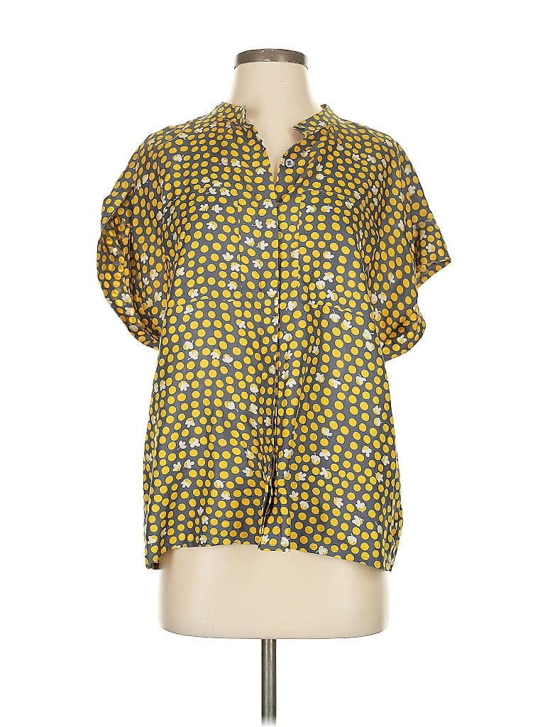Pre-owned Cabi Short Sleeve Silk Top Yellow Print Pattern Cowl Neck Tops