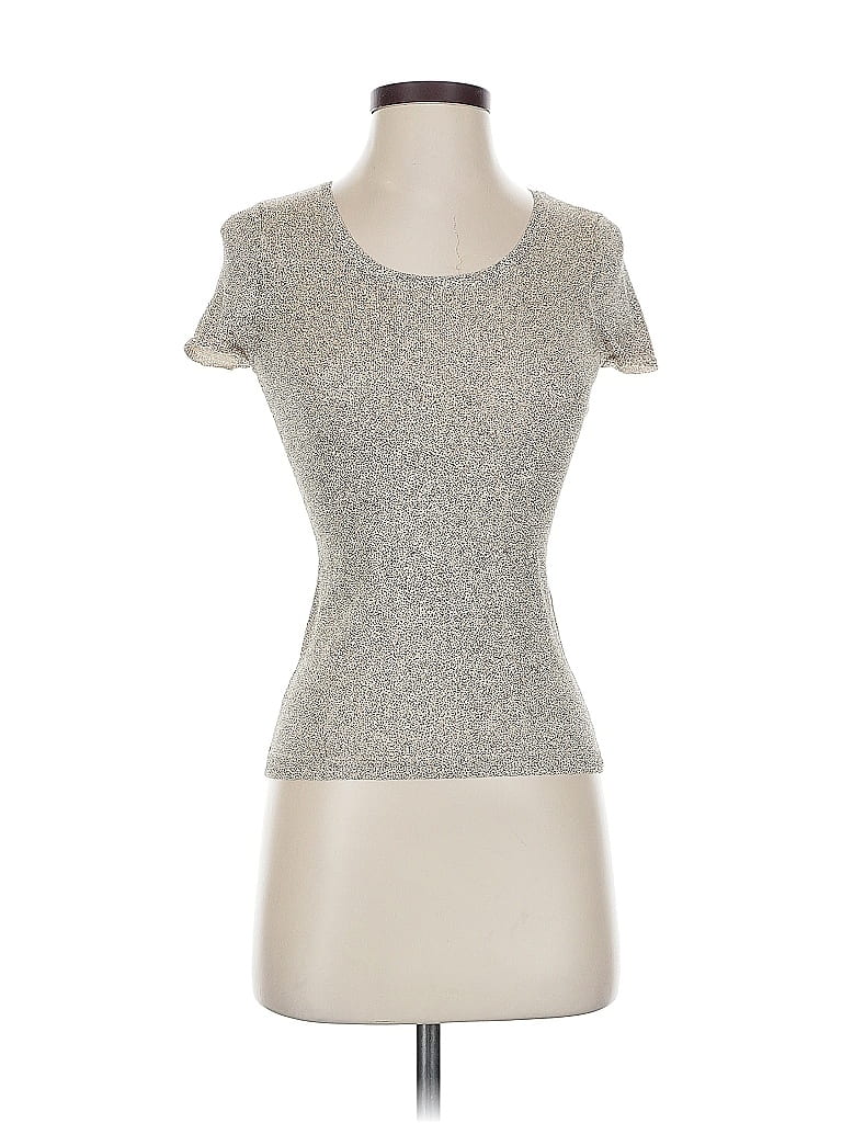 Pre-owned Ann Taylor Short Sleeve Silk Top Silver Metallic Pattern Sweetheart Neckline Tops