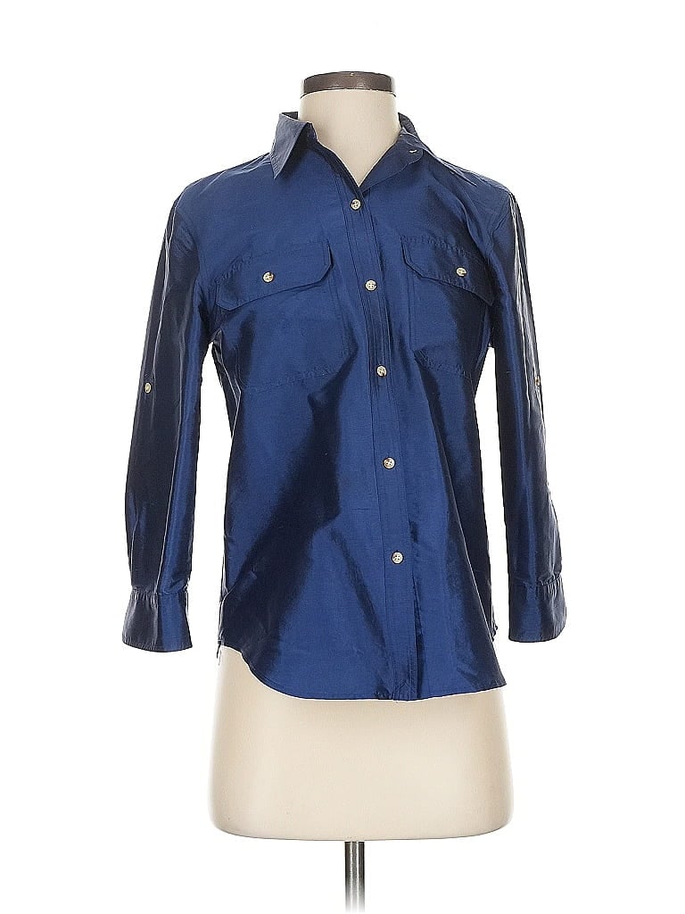 Pre-owned Polo Ralph Lauren 3/4 Sleeve Silk Top Blue Color Block Pattern Collared Neckline Tops