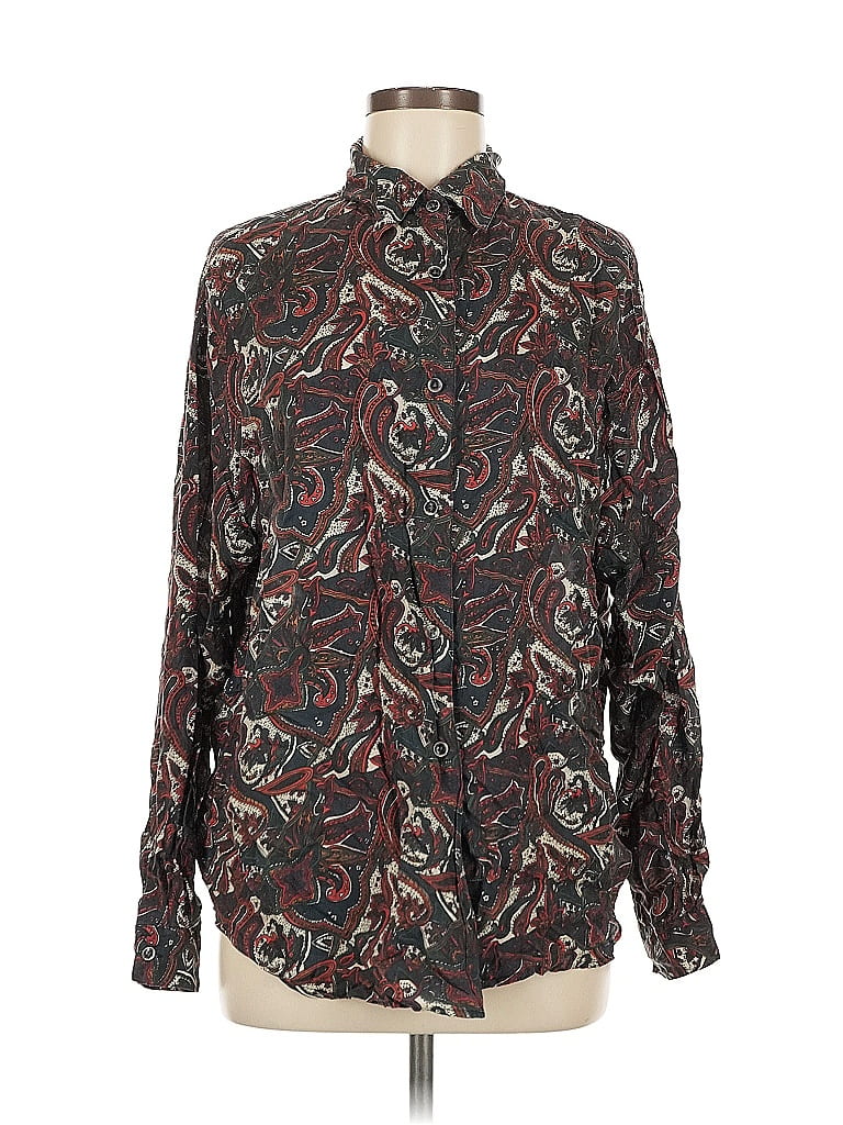 Click to view more detailed imagery on our partner's website Pre-owned Jonathan Martin Long Sleeve Silk Top Brown Paisley Pattern Mock Neckline Tops