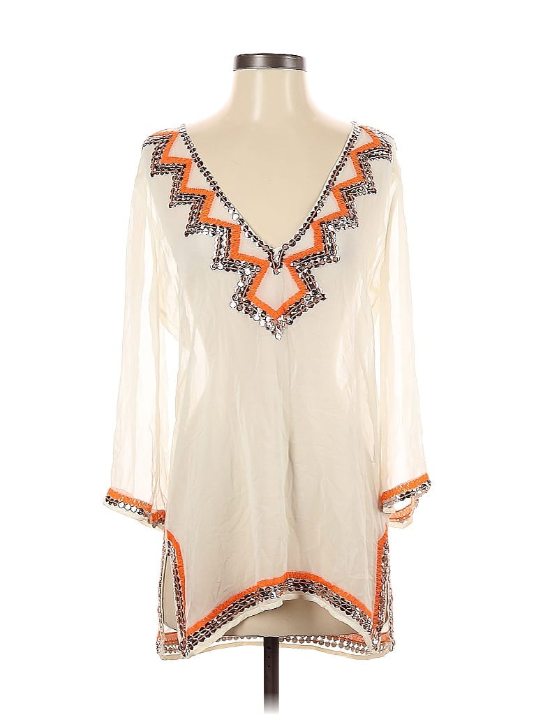 Pre-owned Milly Cabana 3/4 Sleeve Silk Top Ivory Plunge Neckline Tops In White