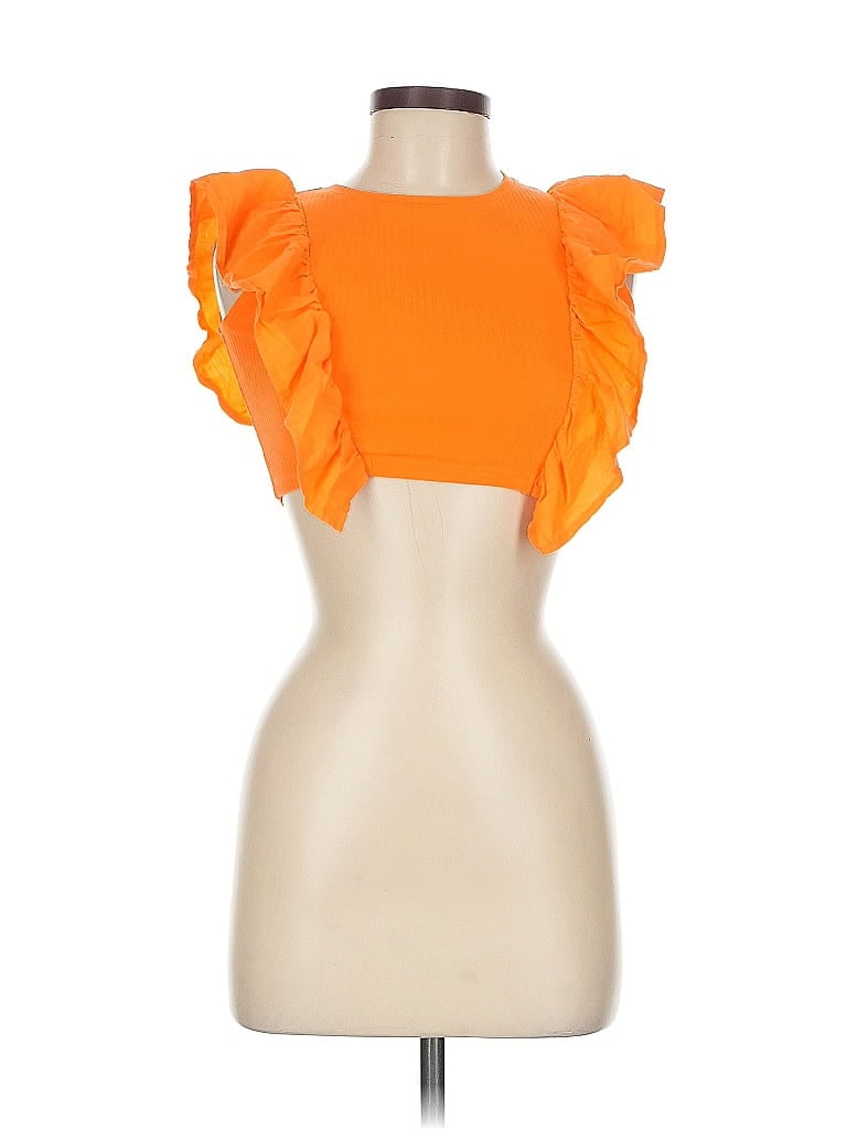 Click to view more detailed imagery on our partner's website Pre-owned Zara Short Sleeve Top Orange Ruffles Neckline Tops