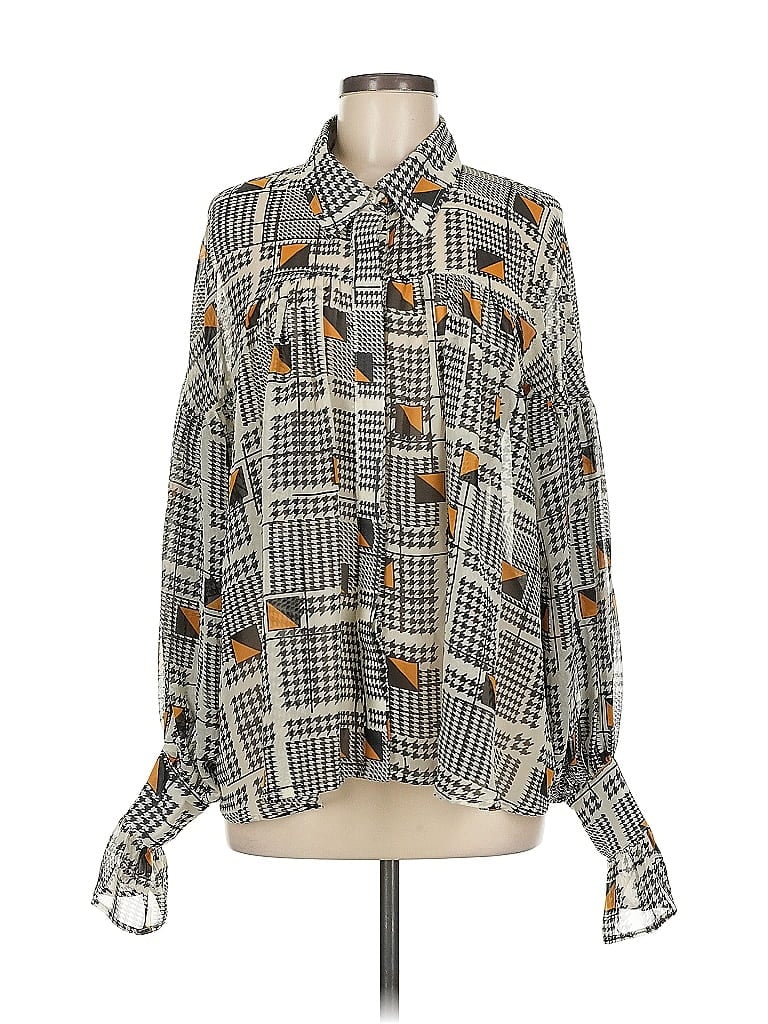 Gracia 100% Polyester Houndstooth Gray Long Sleeve Blouse Size M - photo 1