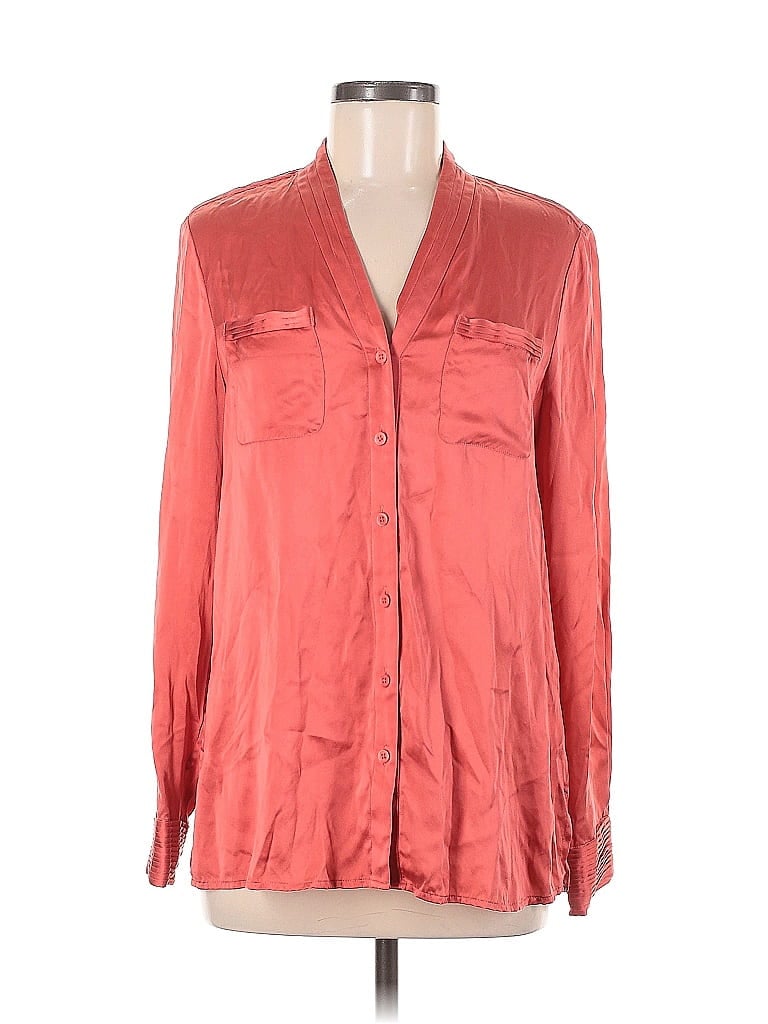 Pre-owned Etcetera Long Sleeve Silk Top Red Plunge Neckline Tops