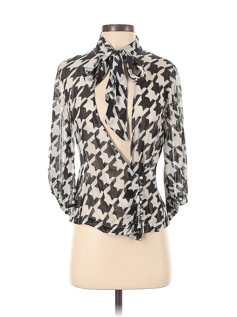 Arden B. 100% Silk Houndstooth Silver Black Long Sleeve Silk Top Size S - photo 1