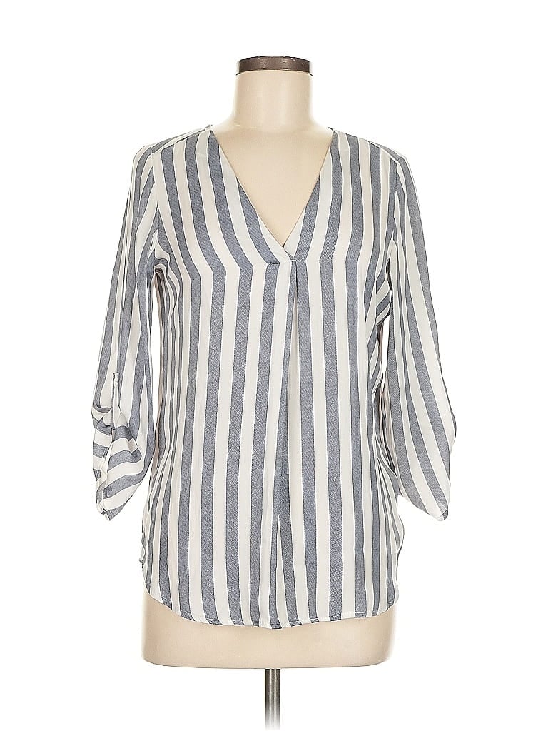 Stradivarius 100% Polyester Stripes Gray 3/4 Sleeve Blouse Size M - photo 1