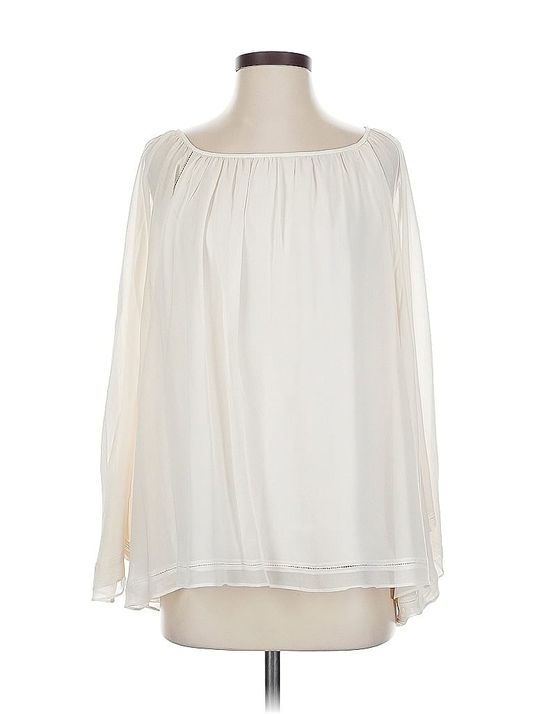 Pre-owned Lafayette 148 Long Sleeve Silk Top Ivory Off The Shoulder Neckline Tops In White