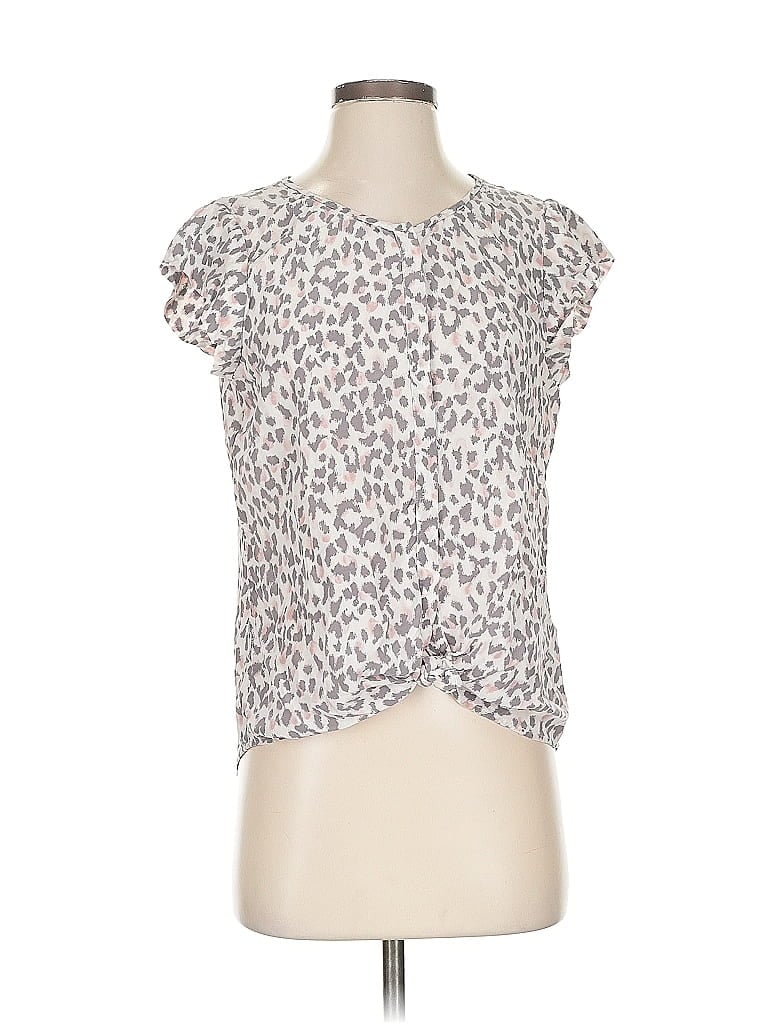 Pre-owned Joie Short Sleeve Top Ivory Animal Print Pattern Keyhole Neckline Tops In White