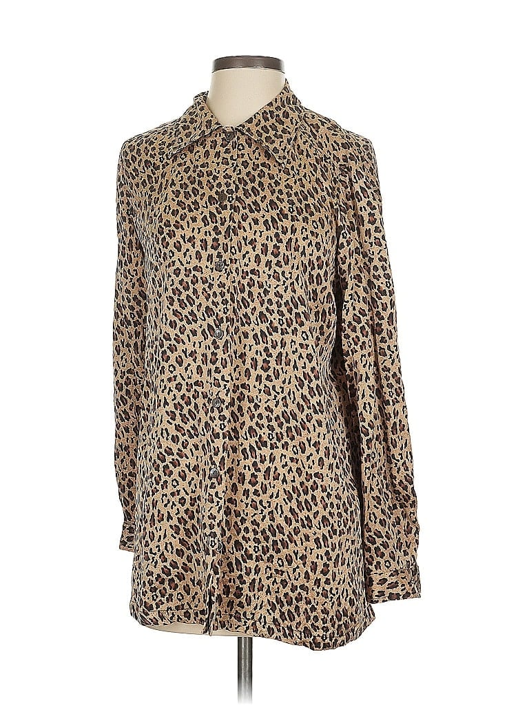 Pre-owned Unbranded Long Sleeve Silk Top Brown Animal Print Pattern High Neck Tops