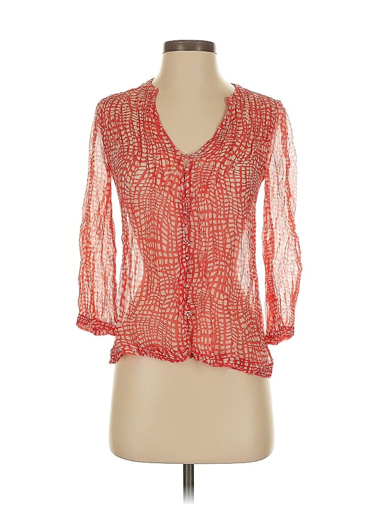Click to view more detailed imagery on our partner's website Pre-owned Joie 3/4 Sleeve Silk Top Red Plunge Neckline Tops