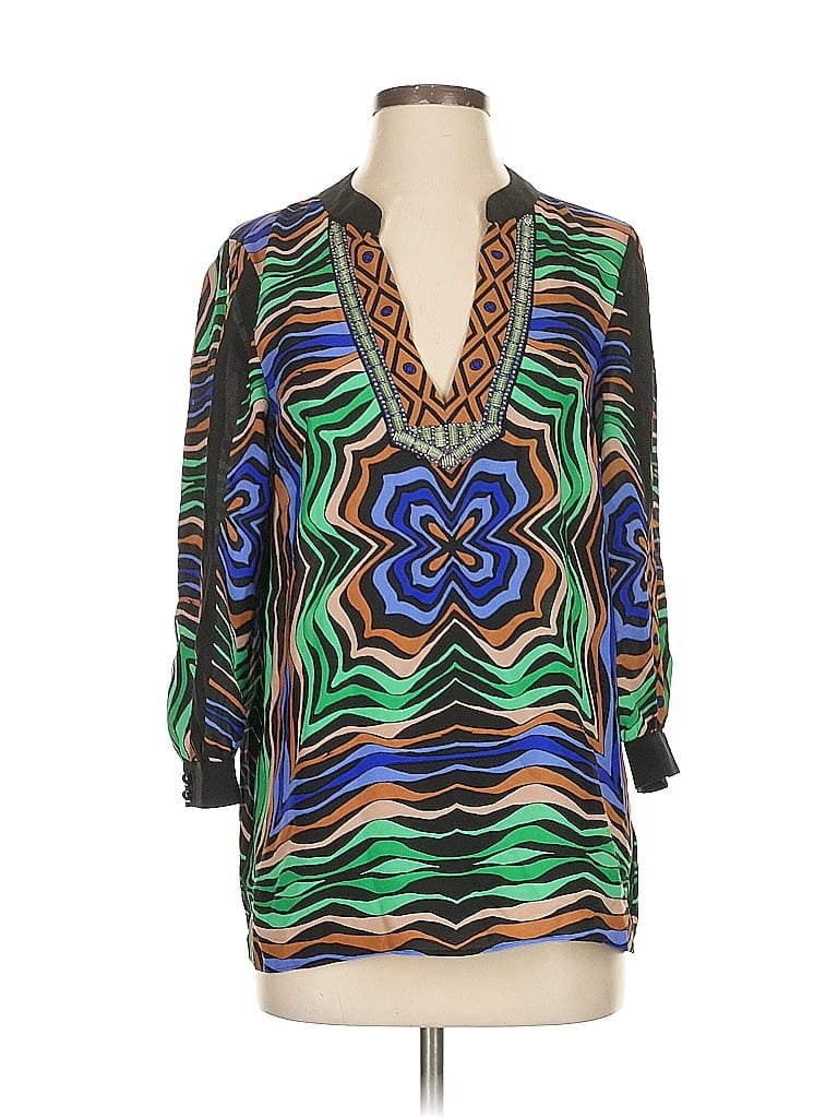 Pre-owned Tibi 3/4 Sleeve Silk Top Green Plunge Neckline Tops