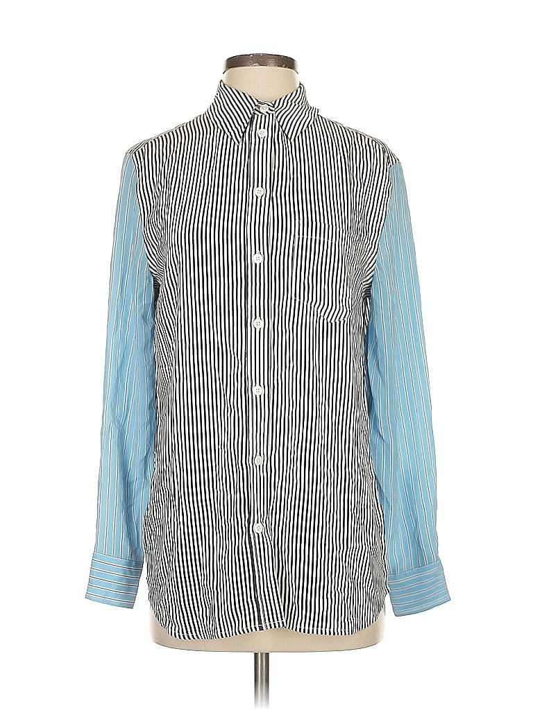 Click to view more detailed imagery on our partner's website Pre-owned Equipment Sleeveless Silk Top Blue Stripes Pattern Collared Neckline Tops