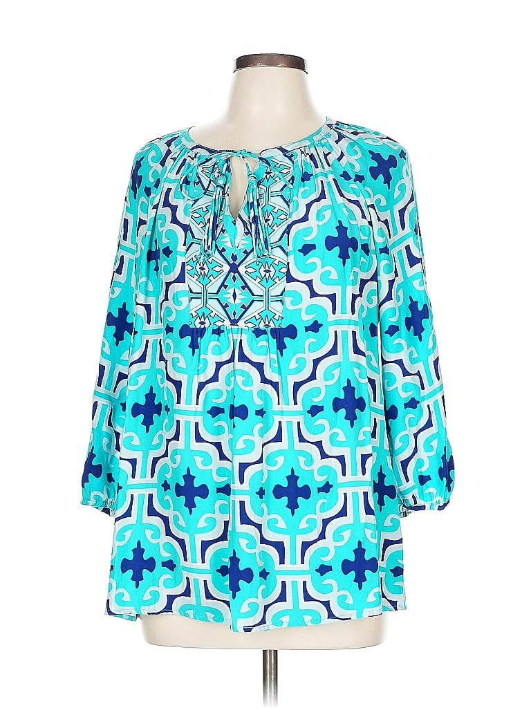 Pre-owned Annie Griffin 3/4 Sleeve Silk Top Blue Keyhole Neckline Tops