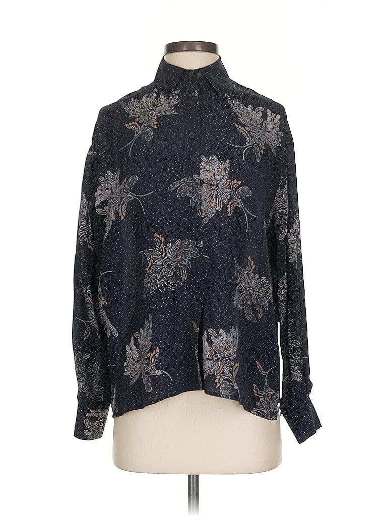 Pre-owned Vince Long Sleeve Silk Top Black Paisley Pattern Mock Neckline Tops