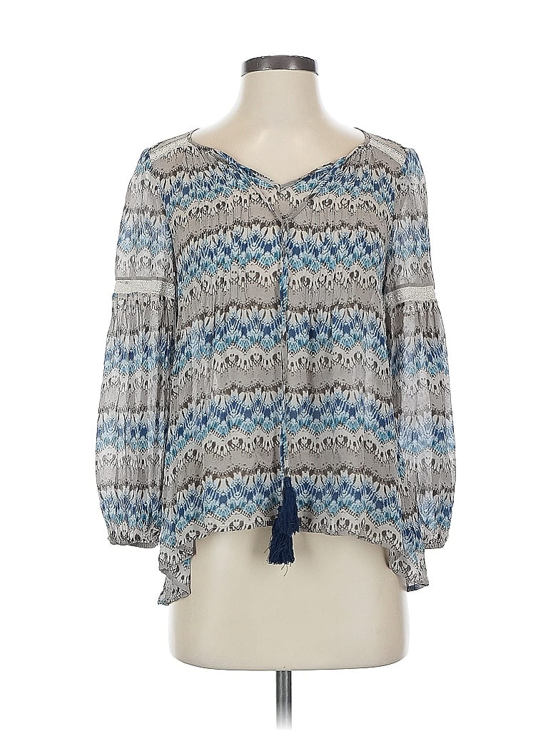 Pre-owned Sundance Long Sleeve Silk Top Blue Keyhole Neckline Tops