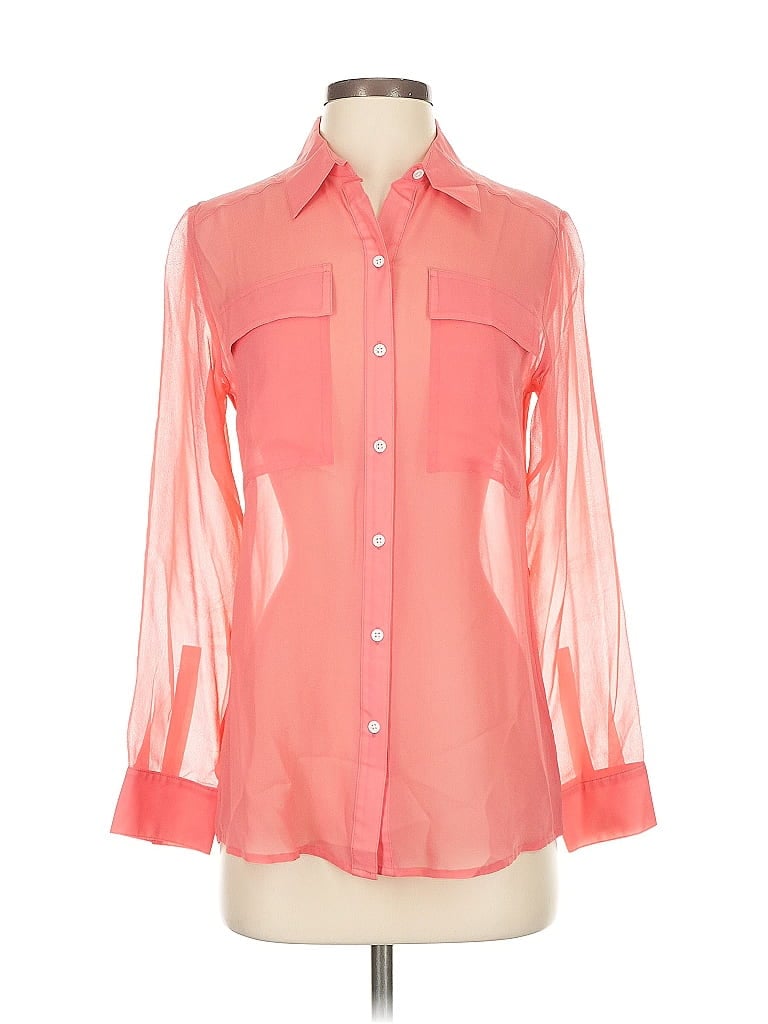 Click to view more detailed imagery on our partner's website Pre-owned Club Monaco Long Sleeve Silk Top Pink Color Block Pattern Mock Neckline Tops