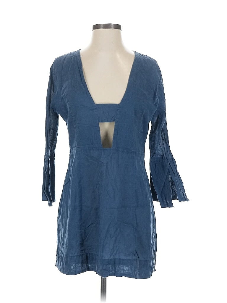 Pre-owned Vix By Paula Hermanny 3/4 Sleeve Top Blue Plunge Neckline Tops