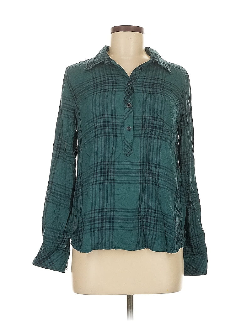 Cosmic Blue Love 100% Rayon Plaid Teal Long Sleeve Blouse Size M - photo 1