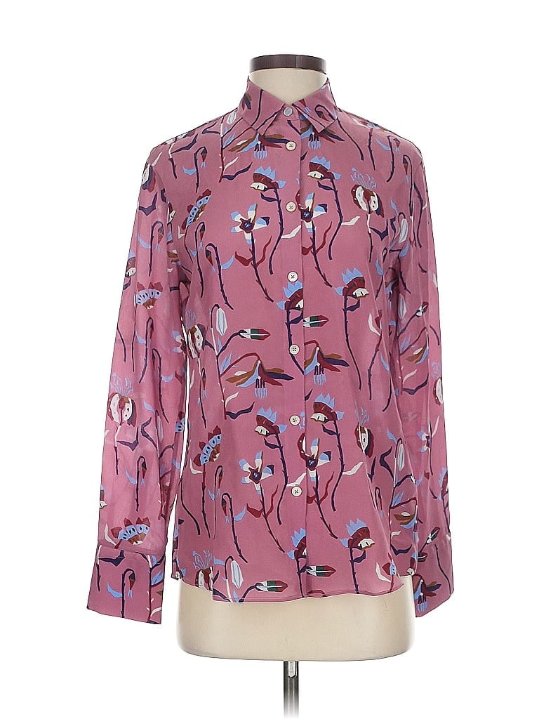Pre-owned Paul Smith Long Sleeve Silk Top Pink Print Pattern Mock Neckline Tops