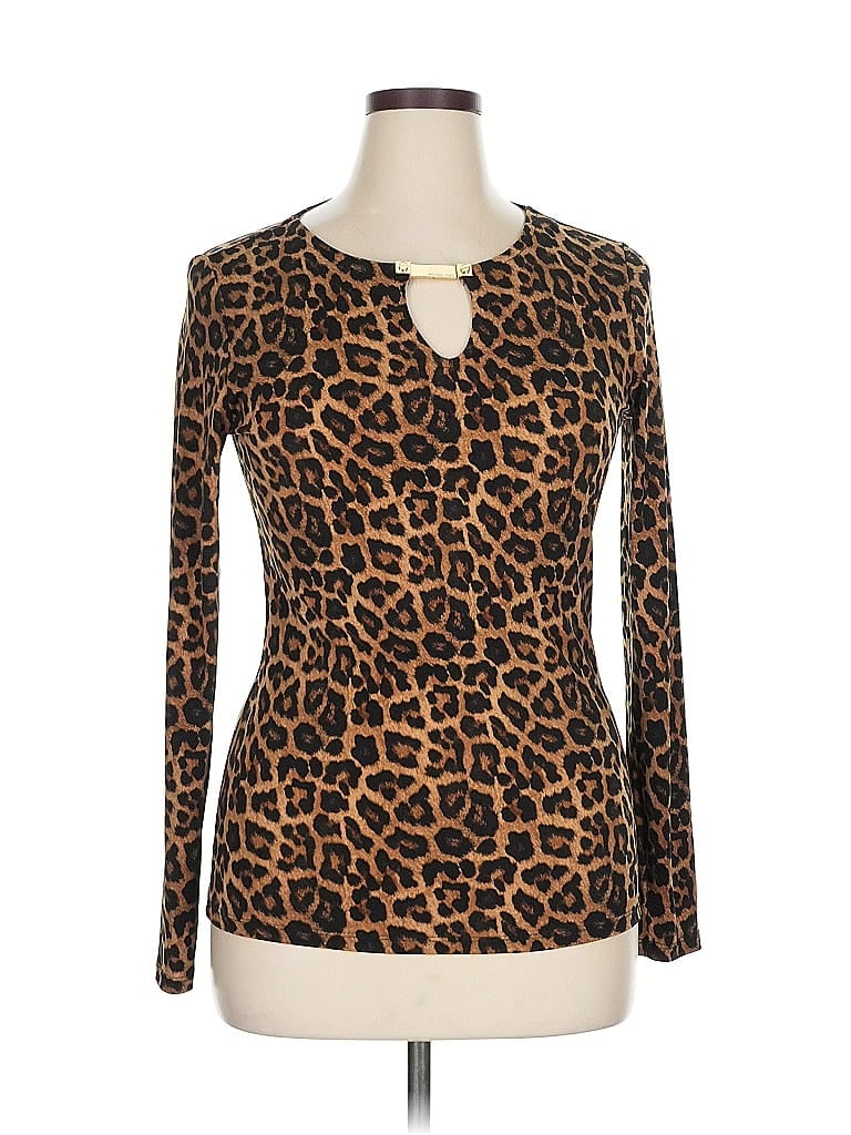 Click to view more detailed imagery on our partner's website Pre-owned Michael Michael Kors Long Sleeve Top Brown Animal Print Pattern Keyhole Neckline Tops